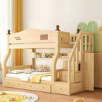 Modern Pine Bunk Bed with Mattress, Bookshelf, and Ladder in Natural Finish