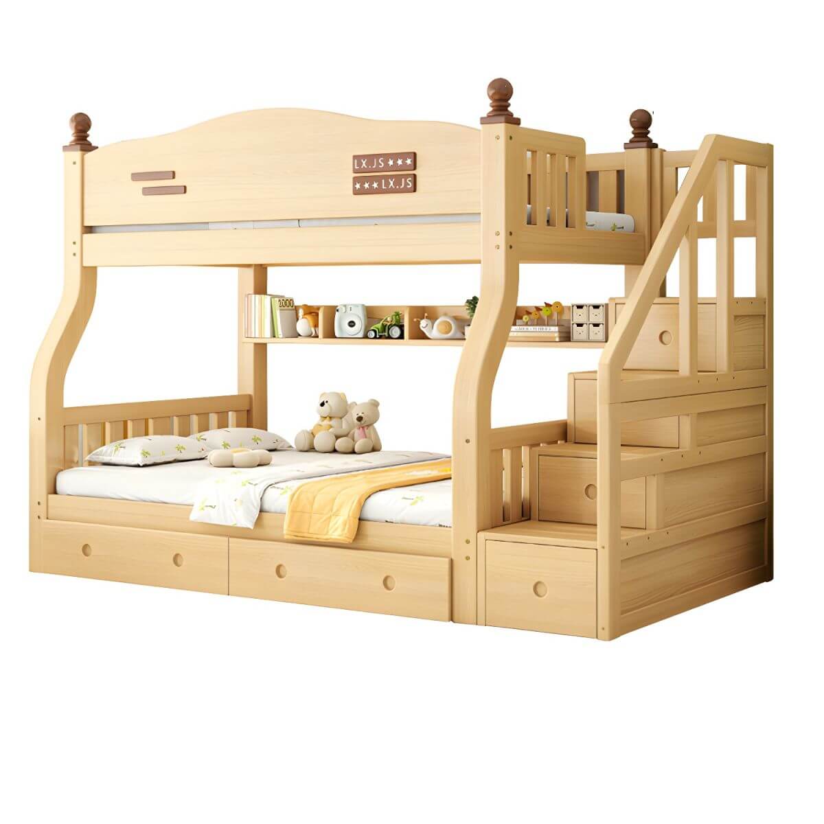 Modern Pine Bunk Bed with Mattress, Bookshelf, and Ladder in Natural Finish