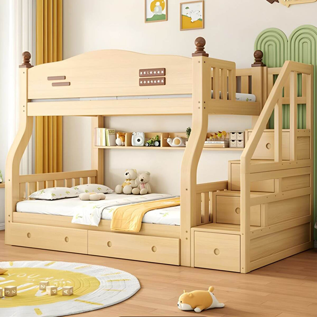 Modern Pine Bunk Bed with Mattress, Bookshelf, and Ladder in Natural Finish