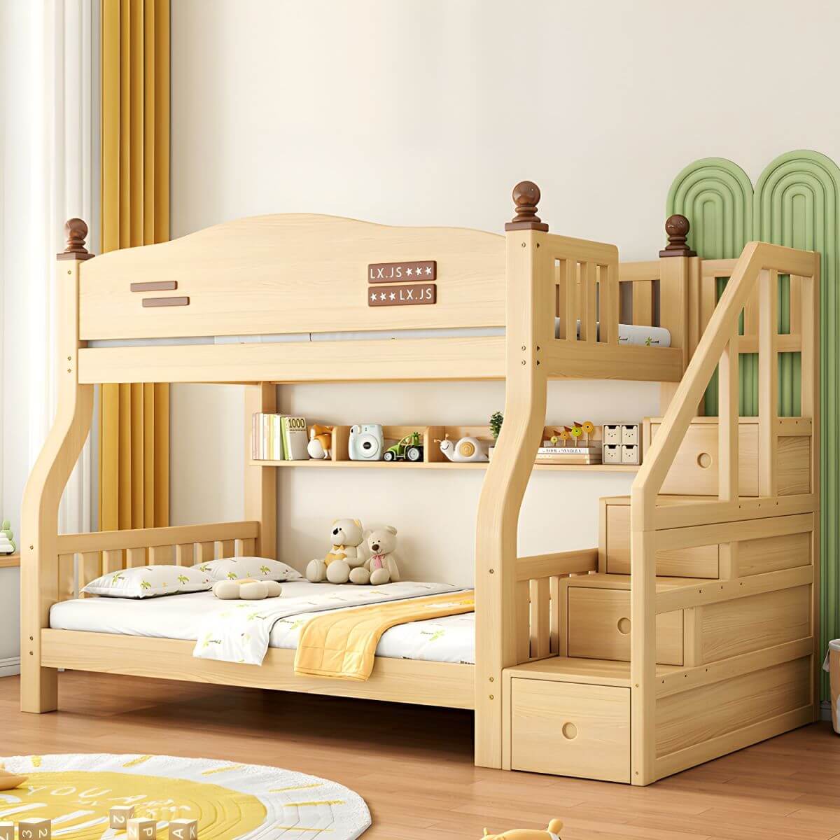 Modern Pine Bunk Bed with Mattress, Bookshelf, and Ladder in Natural Finish