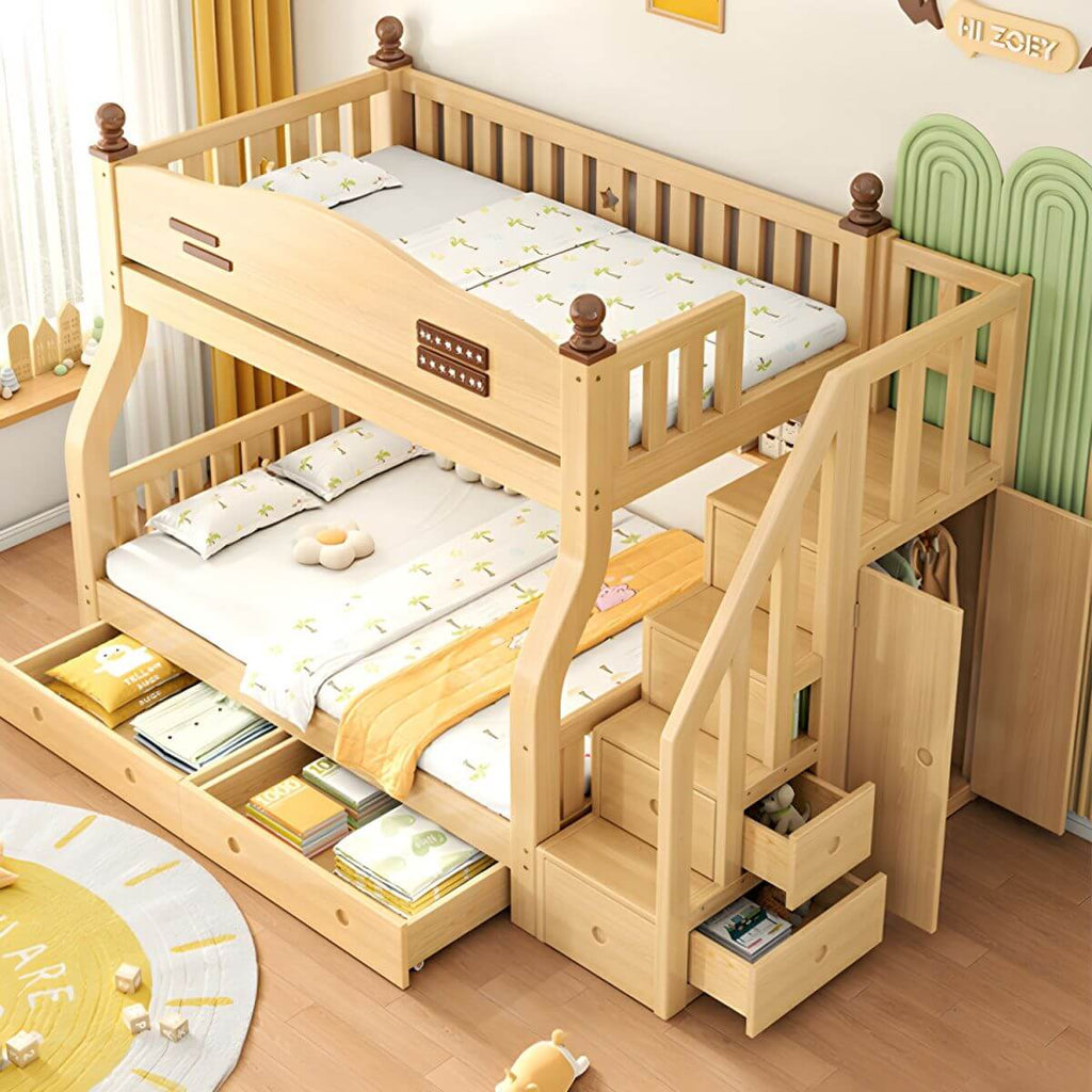 Modern Pine Bunk Bed with Mattress, Bookshelf, and Ladder in Natural Finish