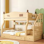 Modern Pine Bunk Bed with Mattress, Bookshelf, and Ladder in Natural Finish