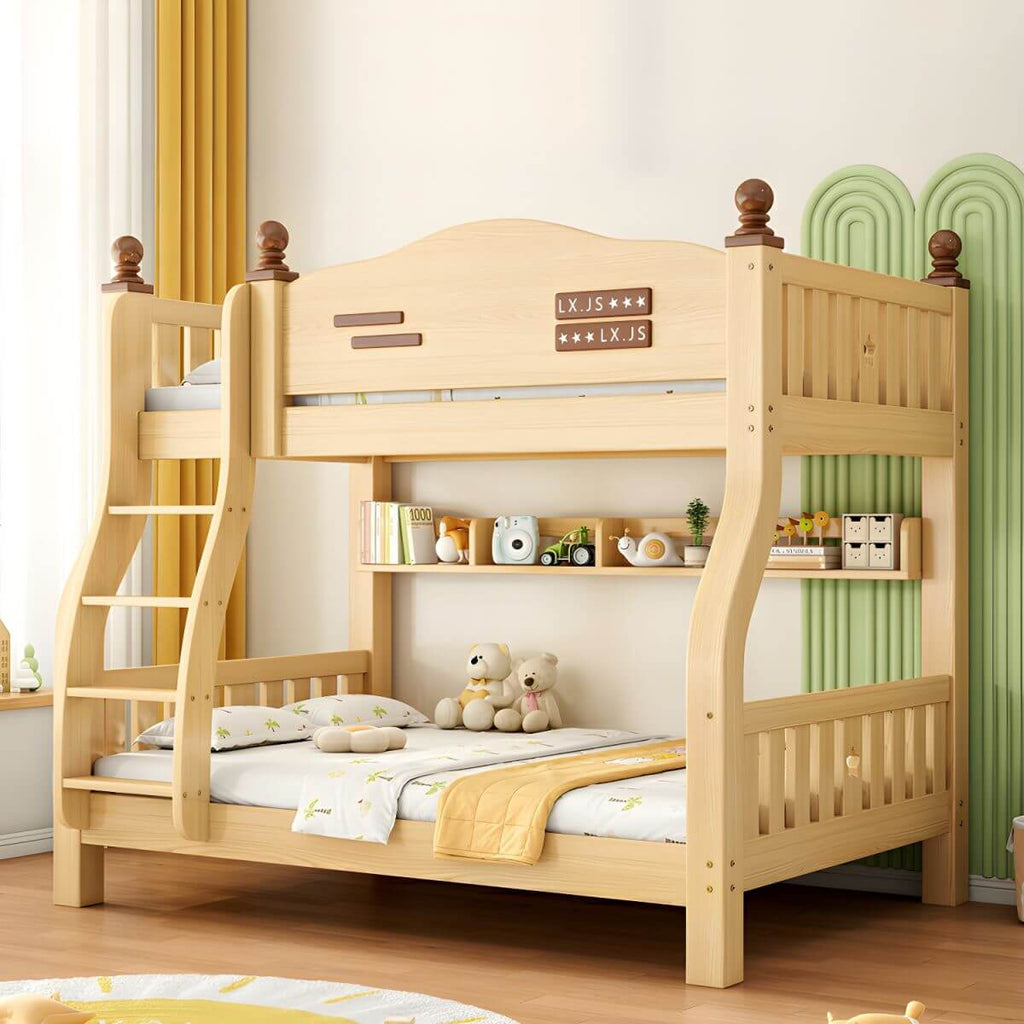 Modern Pine Bunk Bed with Mattress, Bookshelf, and Ladder in Natural Finish