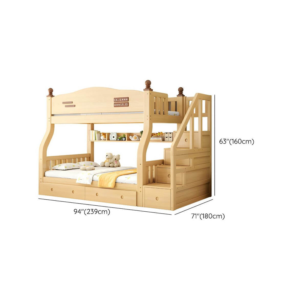 Modern Pine Bunk Bed with Mattress, Bookshelf, and Ladder in Natural Finish Dimensions