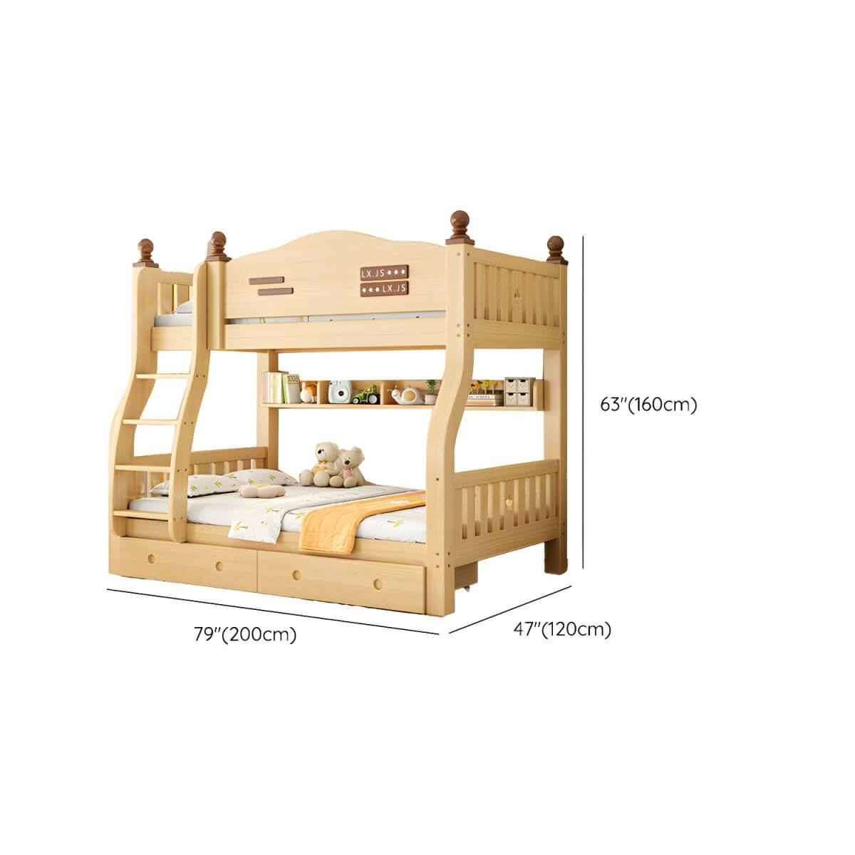 Modern Pine Bunk Bed with Mattress, Bookshelf, and Ladder in Natural Finish Dimensions