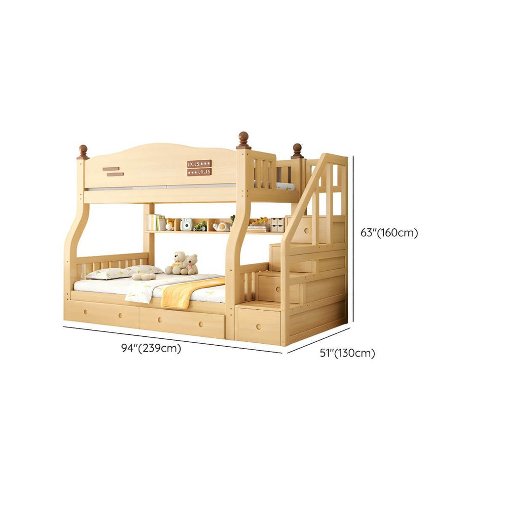 Modern Pine Bunk Bed with Mattress, Bookshelf, and Ladder in Natural Finish Dimensions