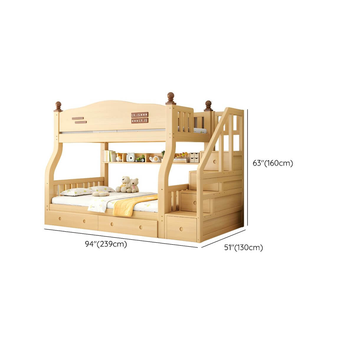 Modern Pine Bunk Bed with Mattress, Bookshelf, and Ladder in Natural Finish Dimensions