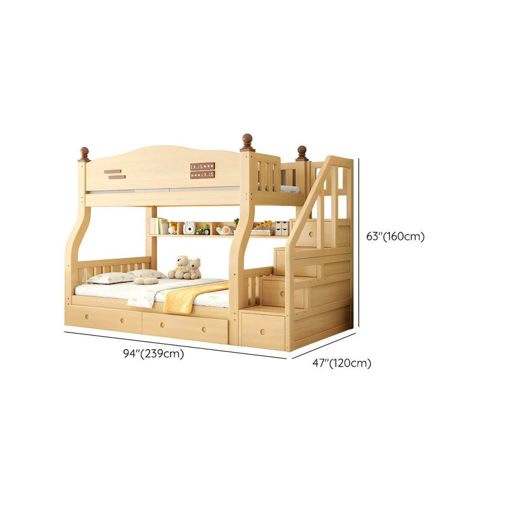 Modern Pine Bunk Bed with Mattress, Bookshelf, and Ladder in Natural Finish Dimensions