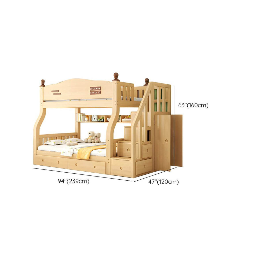 Modern Pine Bunk Bed with Mattress, Bookshelf, and Ladder in Natural Finish Dimensions