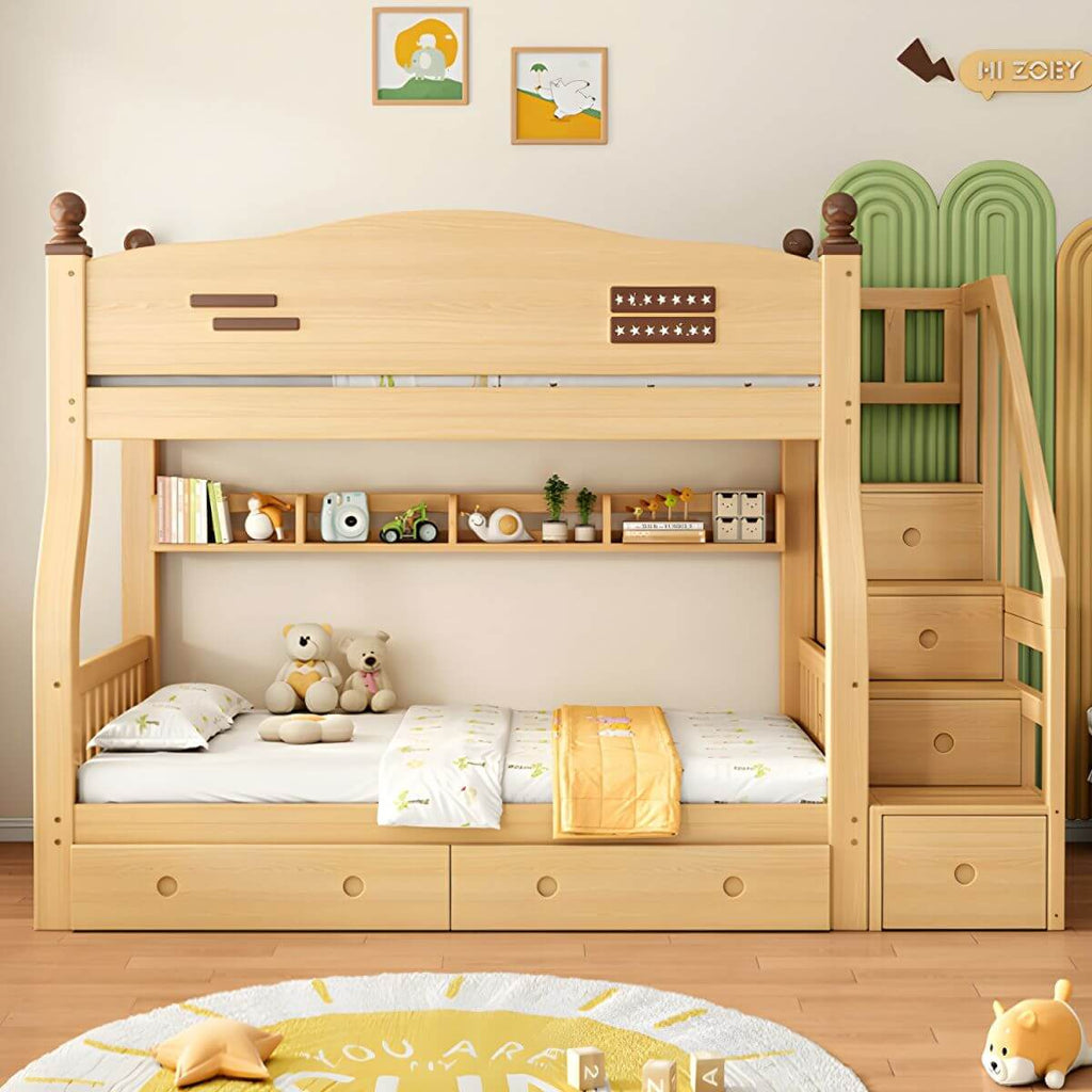 Modern Pine Bunk Bed with Mattress, Bookshelf, and Ladder in Natural Finish Main Product Image