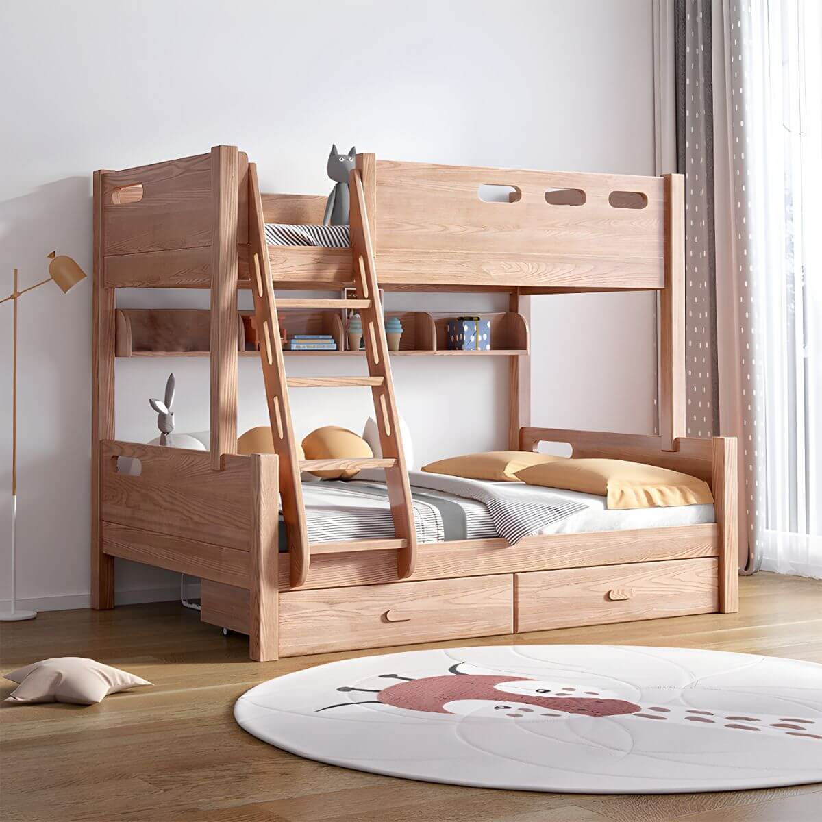 Modern Pine Kids Bed with Bookcase and Built-In Ladder メイン画像
