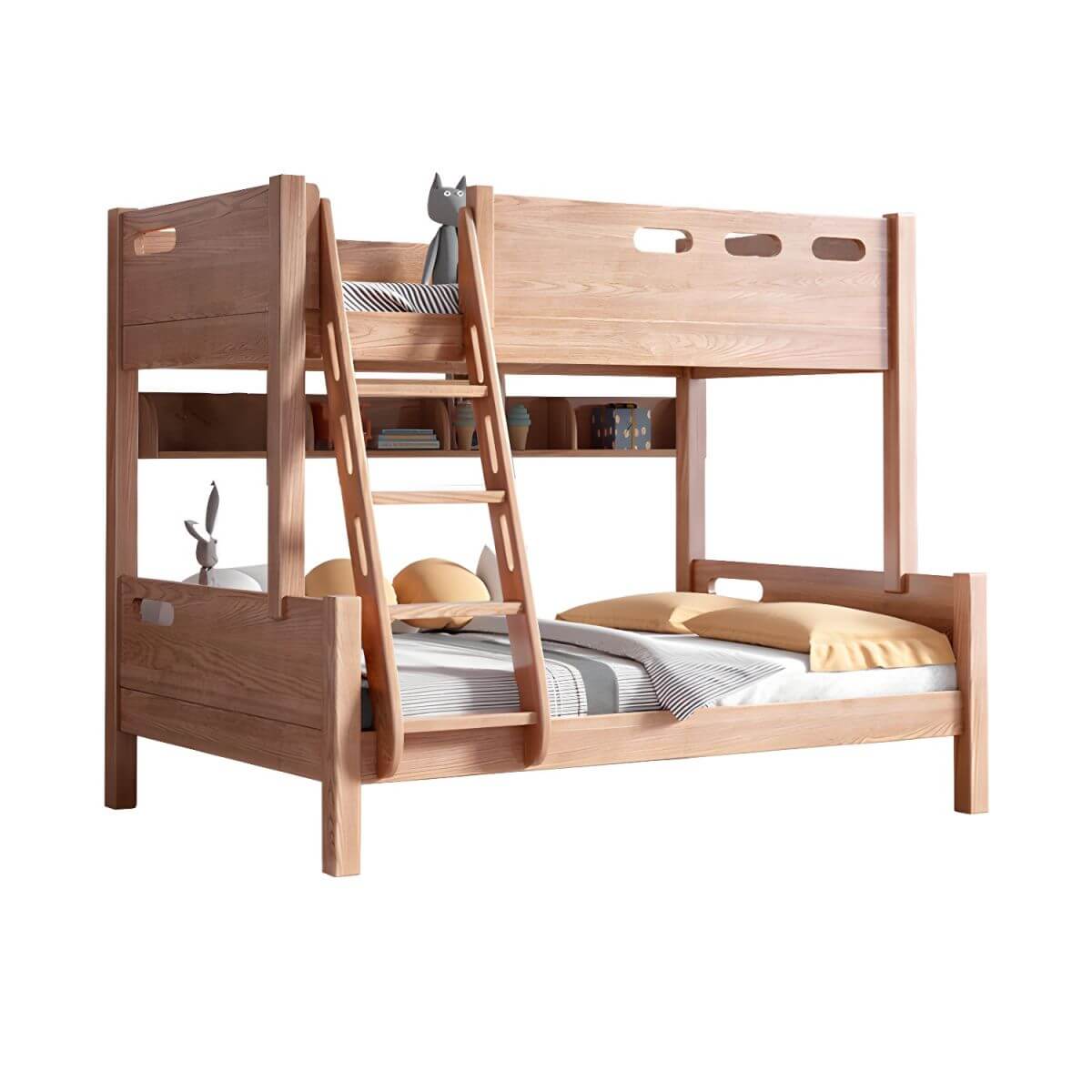 Modern Pine Kids Bed with Bookcase and Built-In Ladder