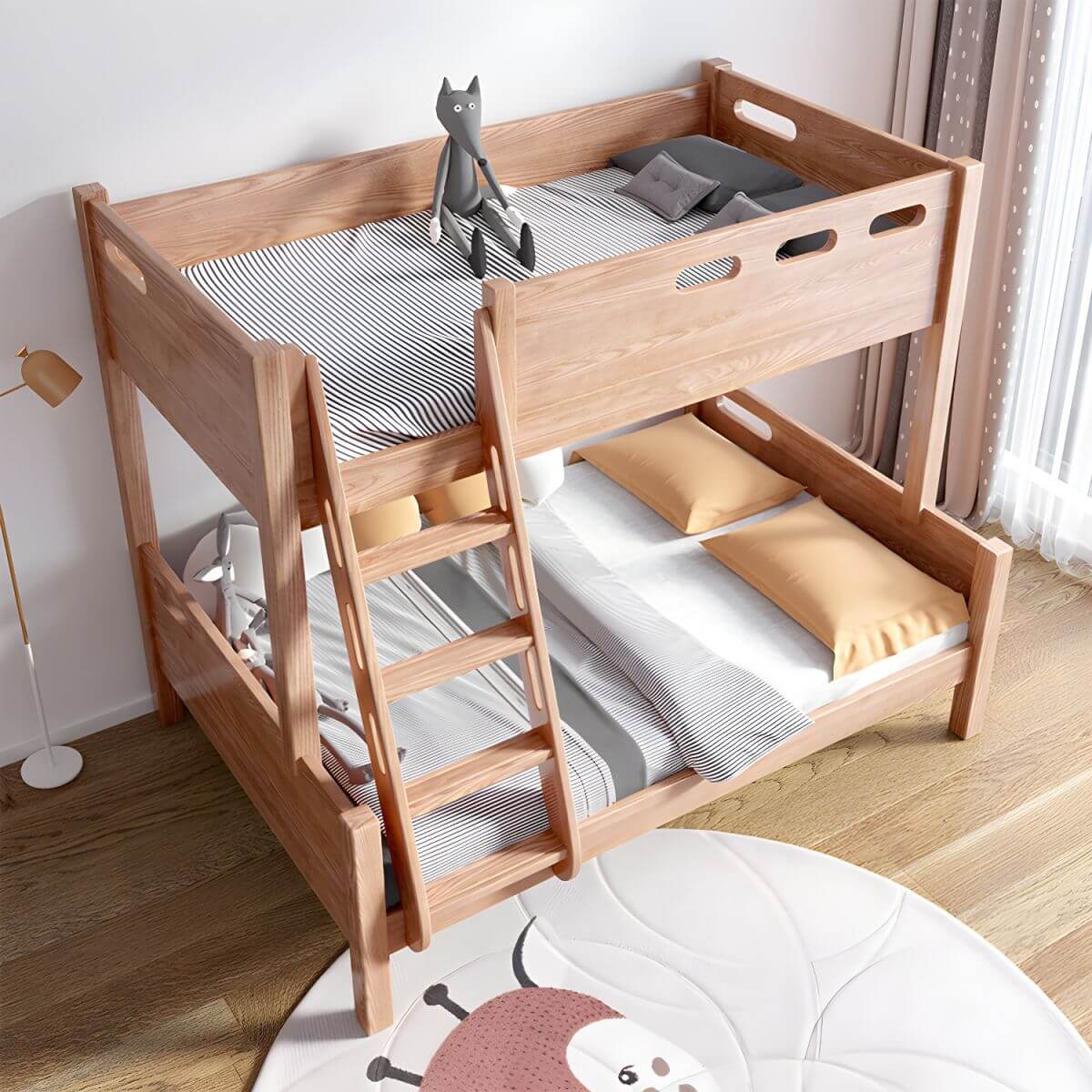 Modern Pine Kids Bed with Bookcase and Built-In Ladder