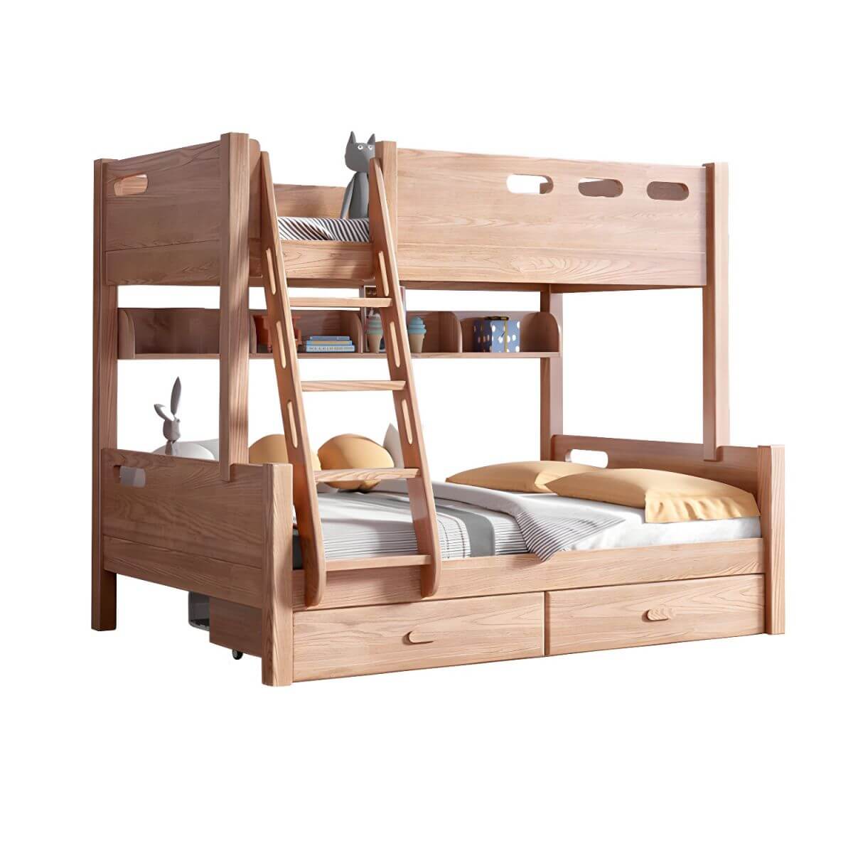 Modern Pine Kids Bed with Bookcase and Built-In Ladder