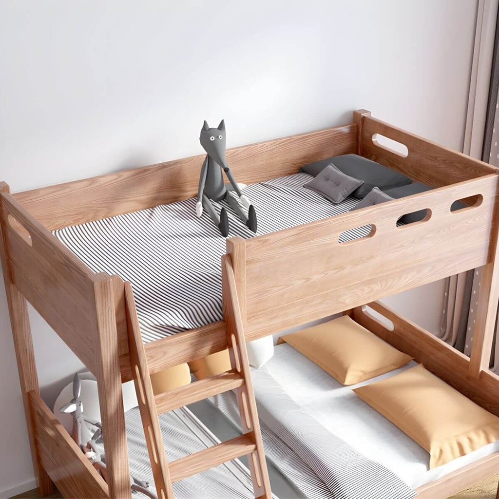 Modern Pine Kids Bed with Bookcase and Built-In Ladder