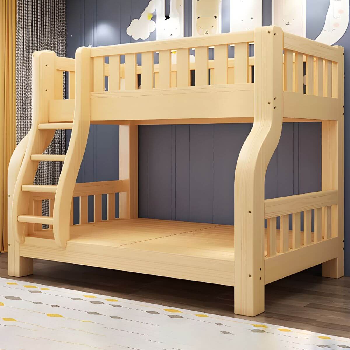 Modern Pine Kids Bunk Bed with Detachable Guardrails in Natural Finish メイン画像