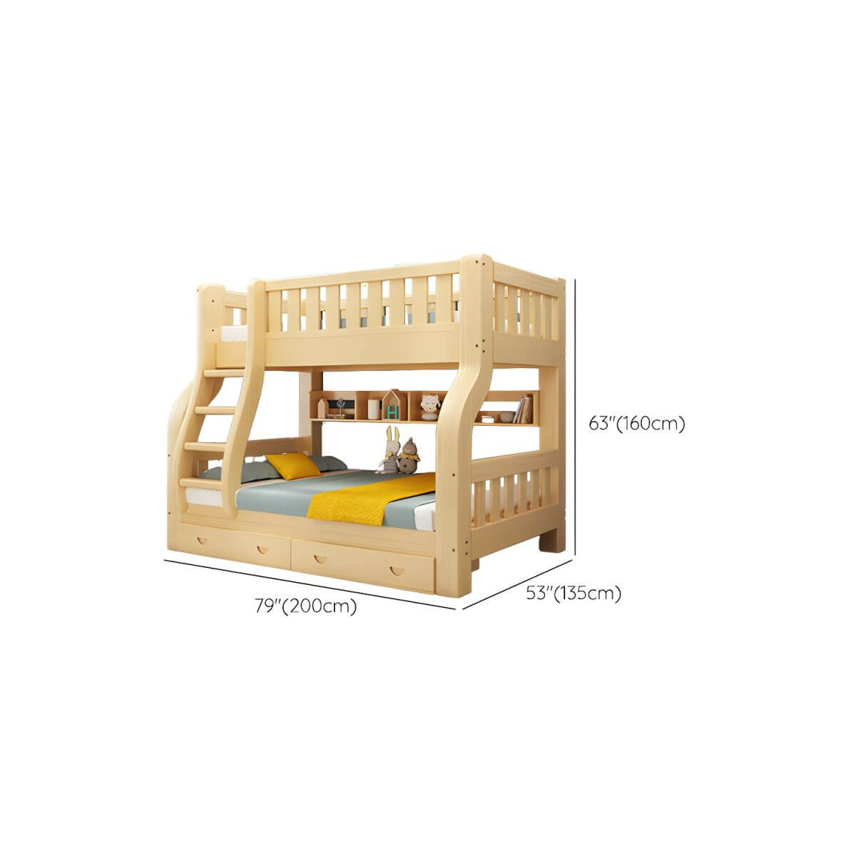Modern Pine Kids Bunk Bed with Detachable Guardrails in Natural Finish Dimensions