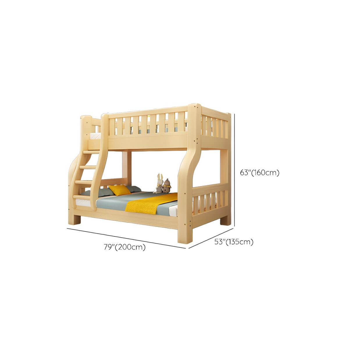 Modern Pine Kids Bunk Bed with Detachable Guardrails in Natural Finish Dimensions