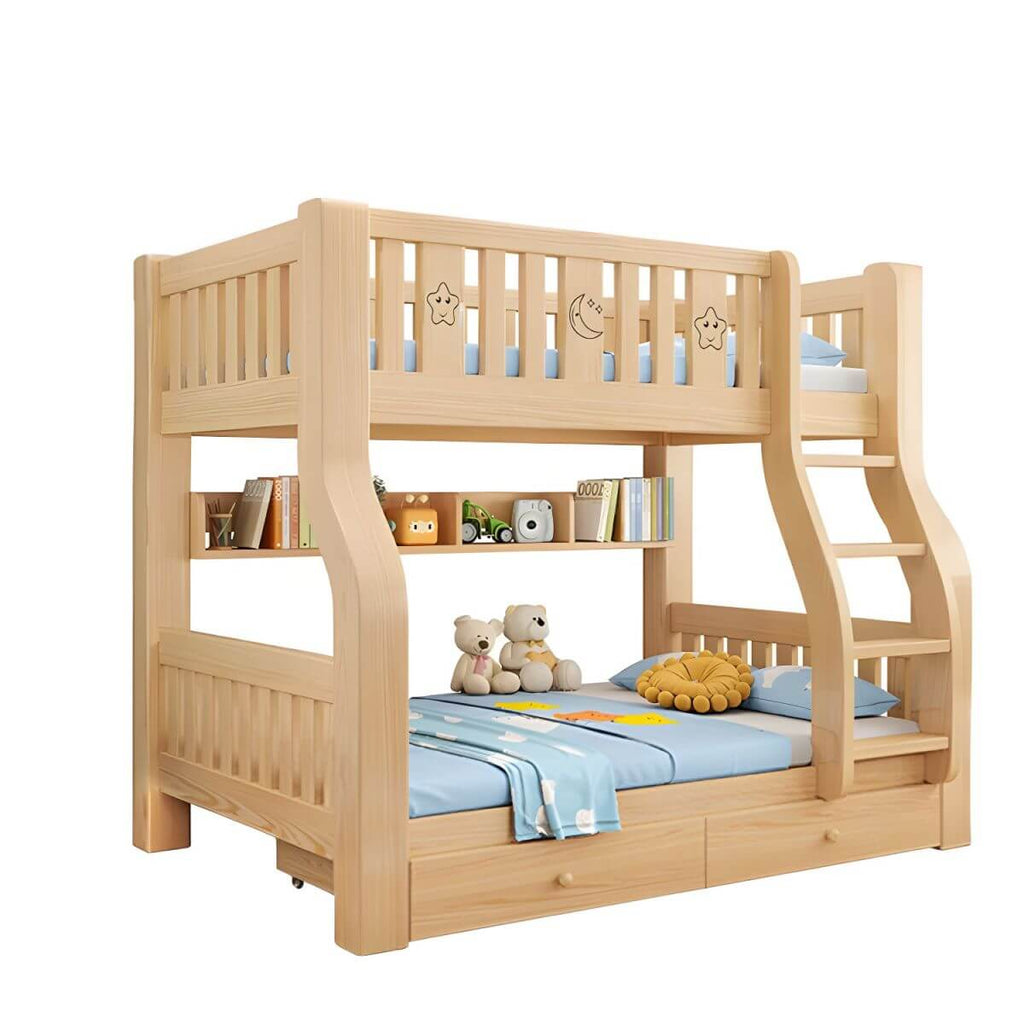 Modern Pine Kids Bunk Bed with Mattress and Bookcase - Natural Finish