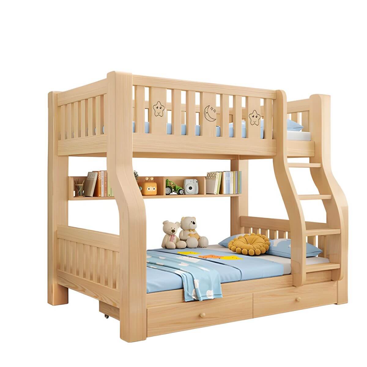 Modern Pine Kids Bunk Bed with Mattress and Bookcase - Natural Finish