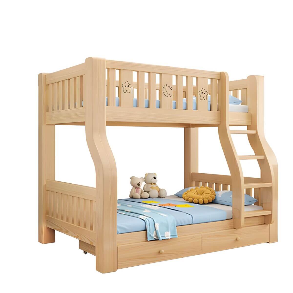 Modern Pine Kids Bunk Bed with Mattress and Bookcase - Natural Finish