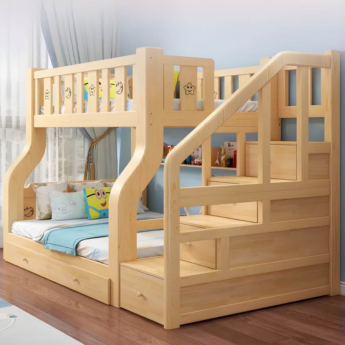 Modern Pine Kids Bunk Bed with Mattress and Bookcase - Natural Finish
