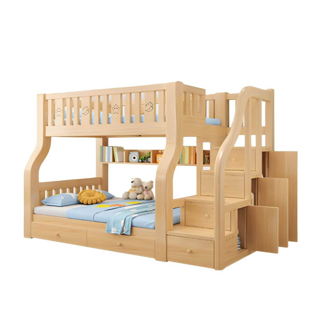 Modern Pine Kids Bunk Bed with Mattress and Bookcase - Natural Finish