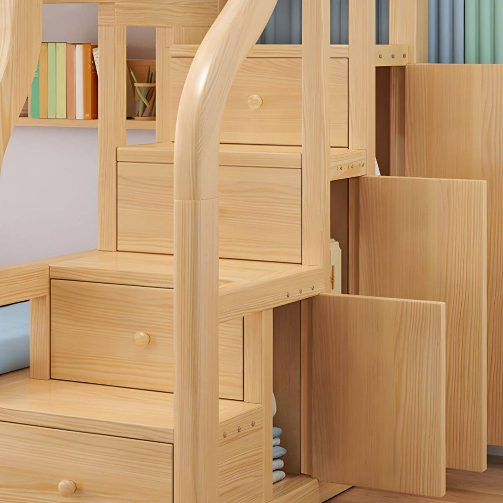 Modern Pine Kids Bunk Bed with Mattress and Bookcase - Natural Finish