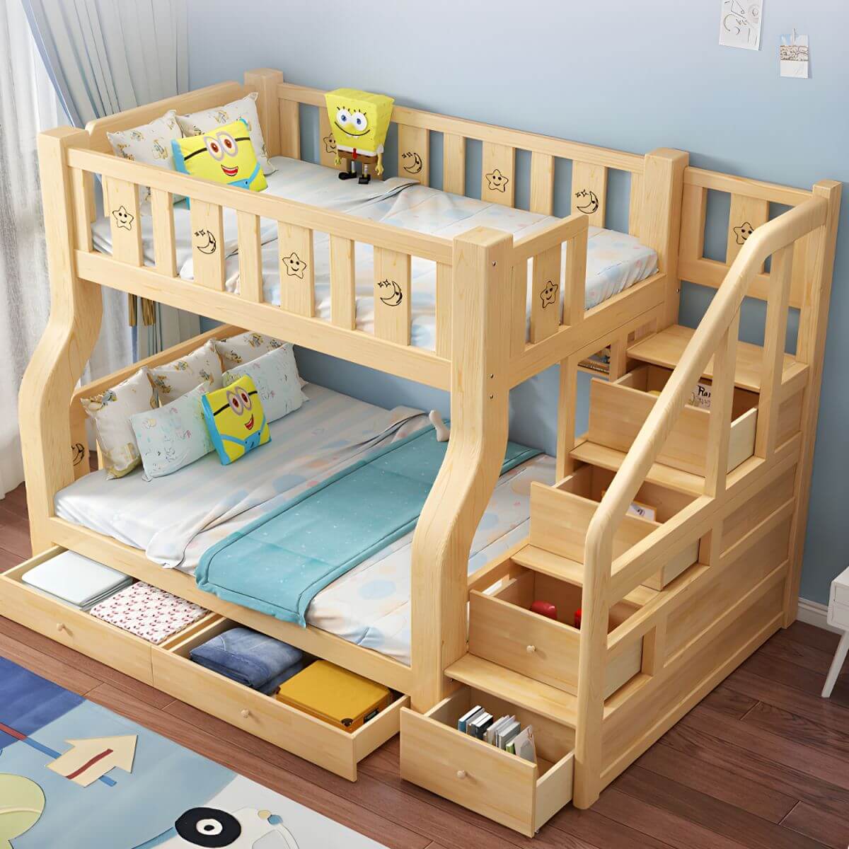Modern Pine Kids Bunk Bed with Mattress and Bookcase - Natural Finish