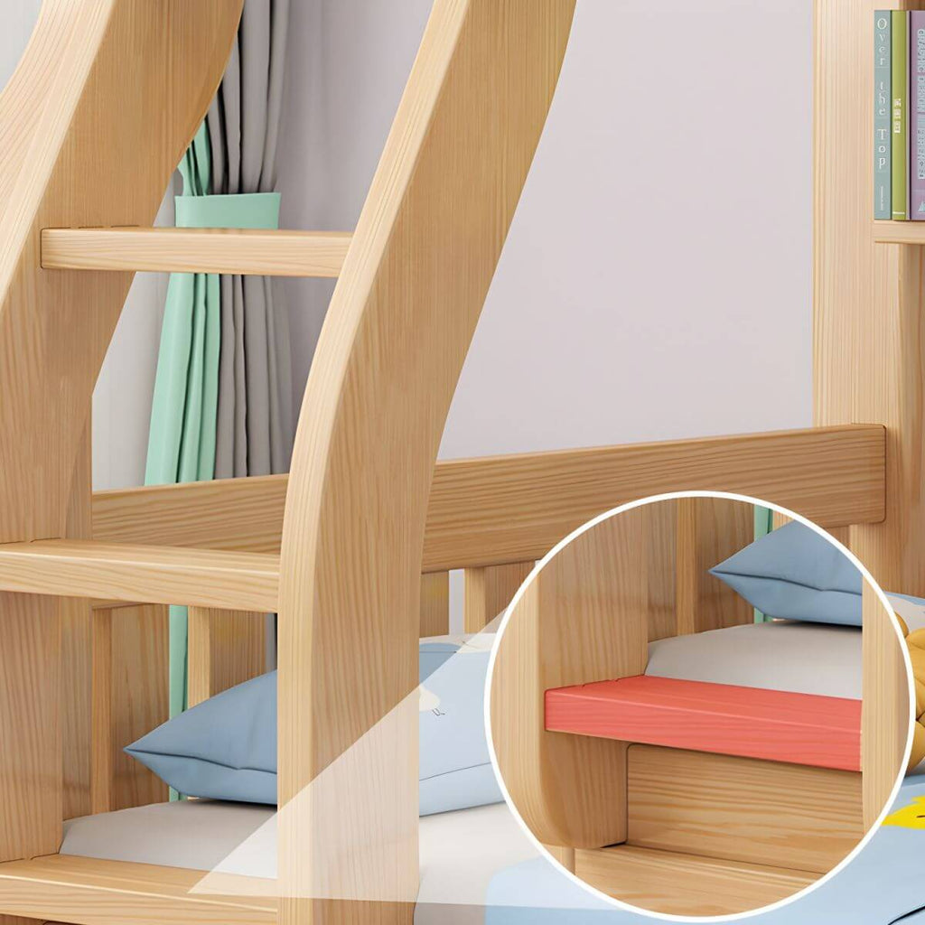 Modern Pine Kids Bunk Bed with Mattress and Bookcase - Natural Finish
