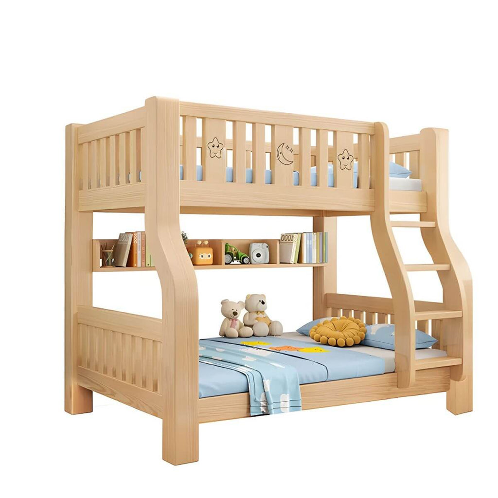 Modern Pine Kids Bunk Bed with Mattress and Bookcase - Natural Finish