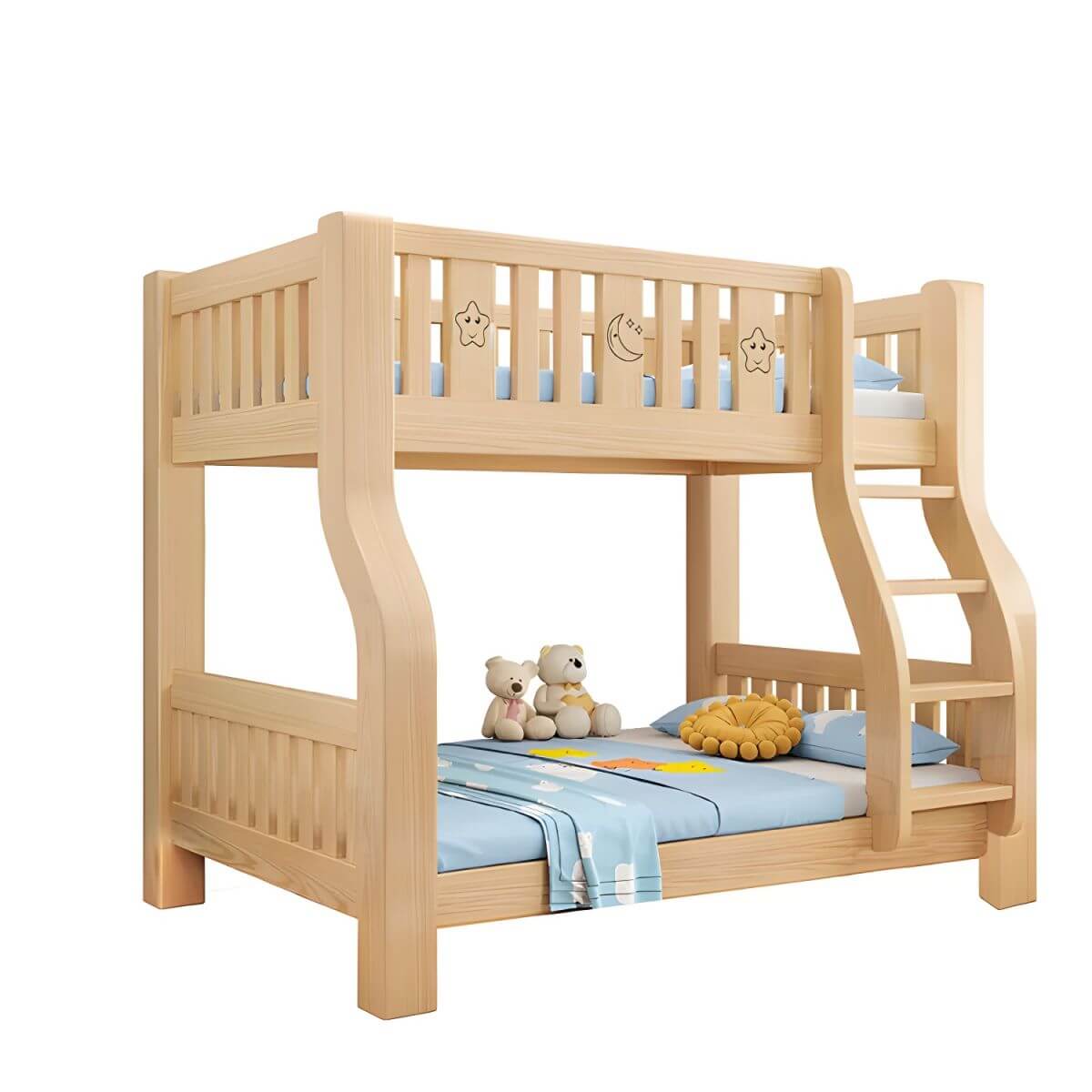 Modern Pine Kids Bunk Bed with Mattress and Bookcase - Natural Finish メイン画像