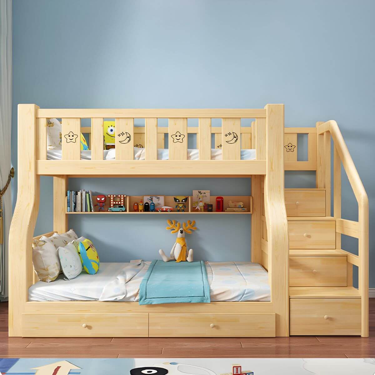 Modern Pine Kids Bunk Bed with Mattress and Bookcase - Natural Finish