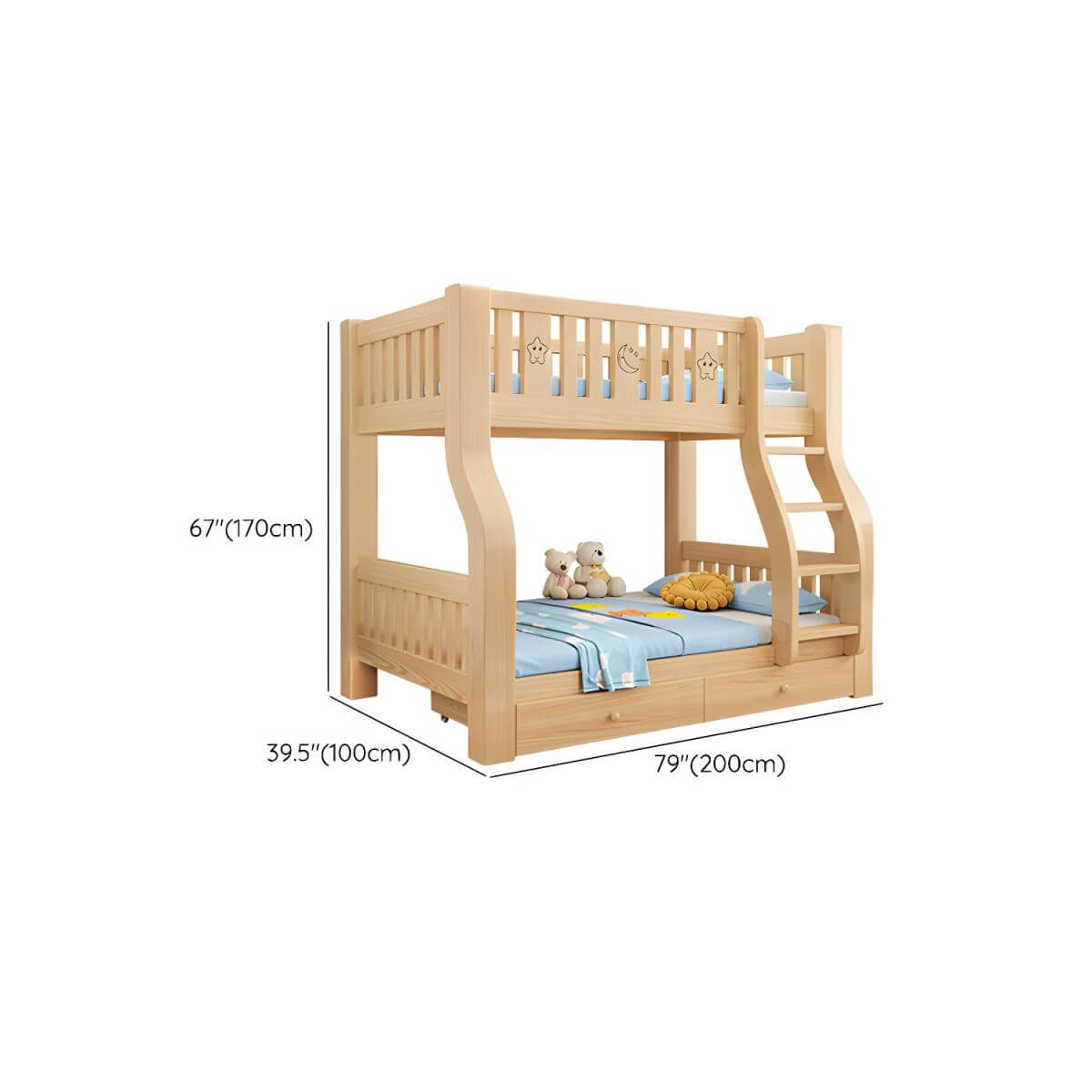 Modern Pine Kids Bunk Bed with Mattress and Bookcase - Natural Finish Dimensions