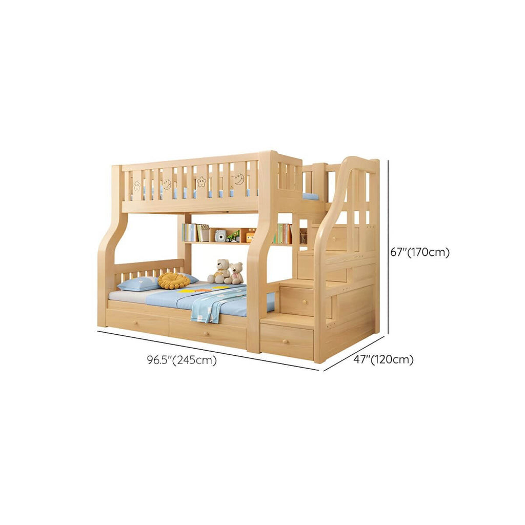 Modern Pine Kids Bunk Bed with Mattress and Bookcase - Natural Finish Dimensions