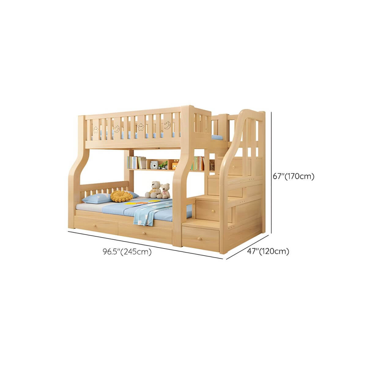 Modern Pine Kids Bunk Bed with Mattress and Bookcase - Natural Finish Dimensions
