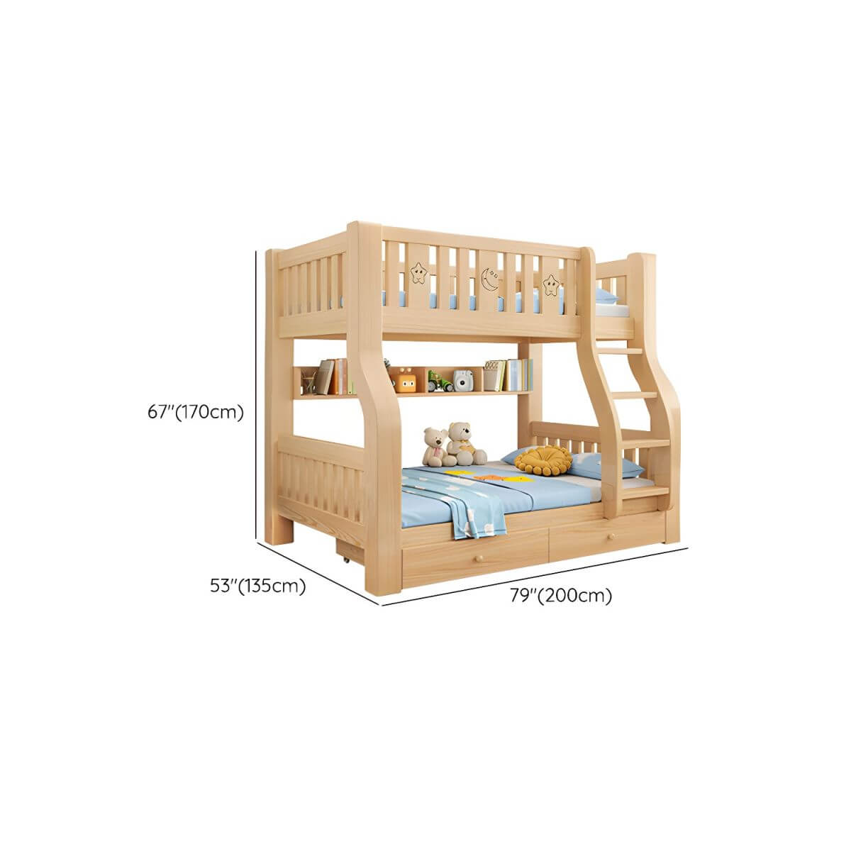 Modern Pine Kids Bunk Bed with Mattress and Bookcase - Natural Finish Dimensions