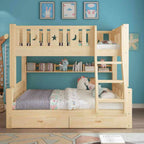 Modern Pine Wood Bunk Bed Set with Mattress, Natural Finish
