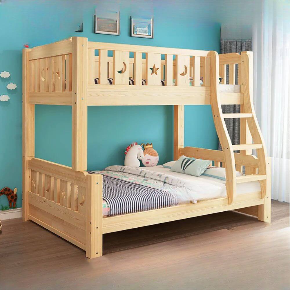 Modern Pine Wood Bunk Bed Set with Mattress, Natural Finish