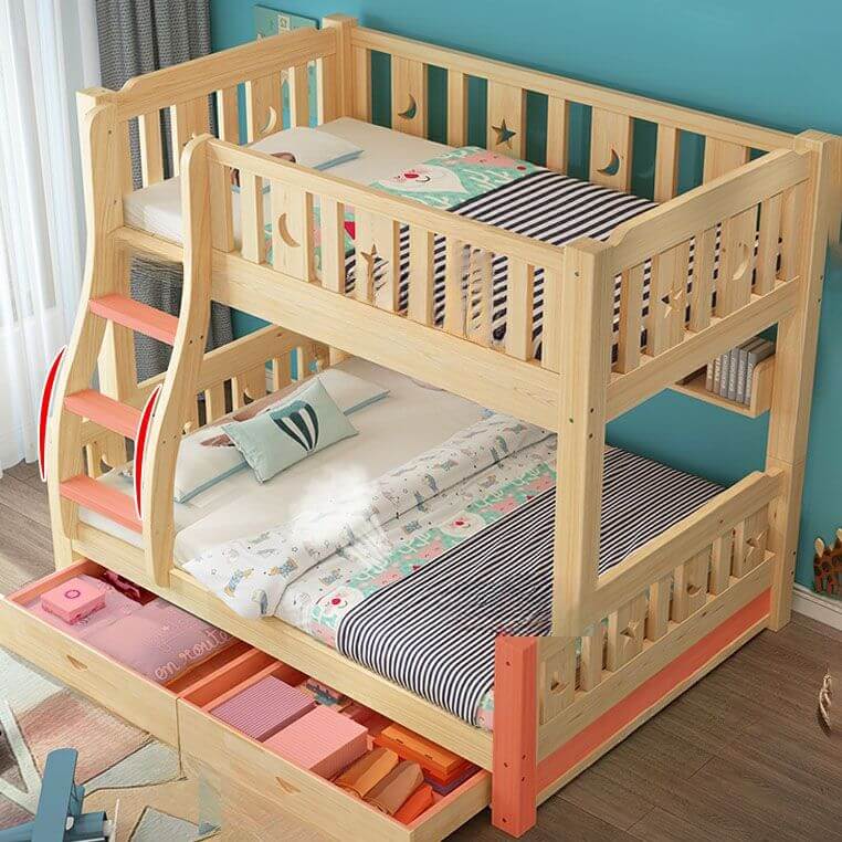 Modern Pine Wood Bunk Bed Set with Mattress, Natural Finish