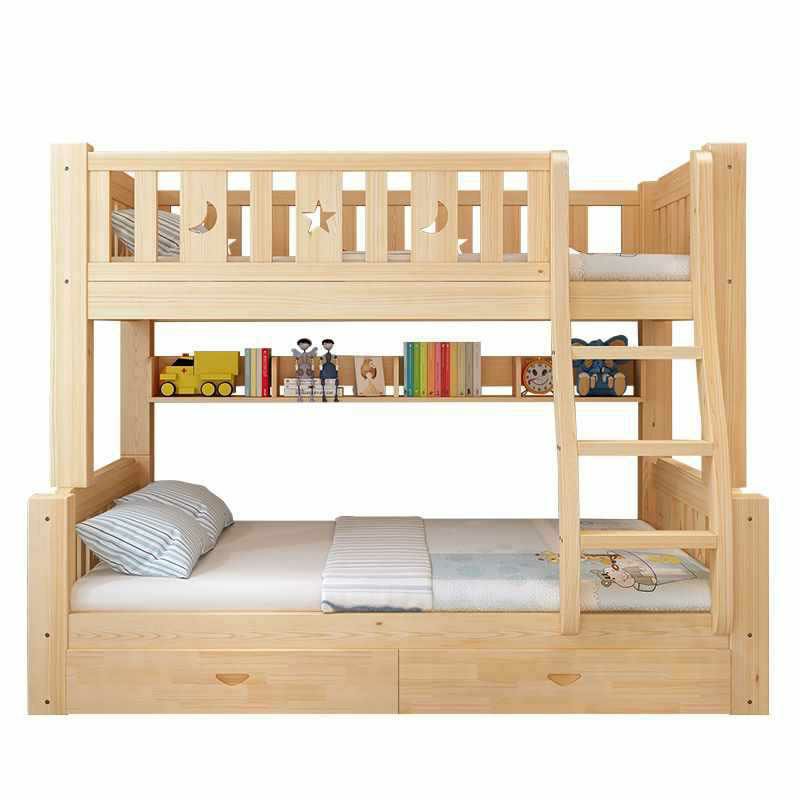 Modern Pine Wood Bunk Bed Set with Mattress, Natural Finish
