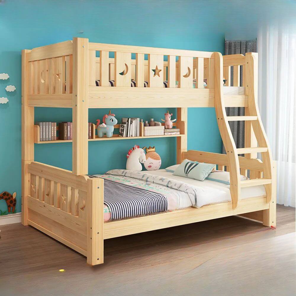 Modern Pine Wood Bunk Bed Set with Mattress, Natural Finish