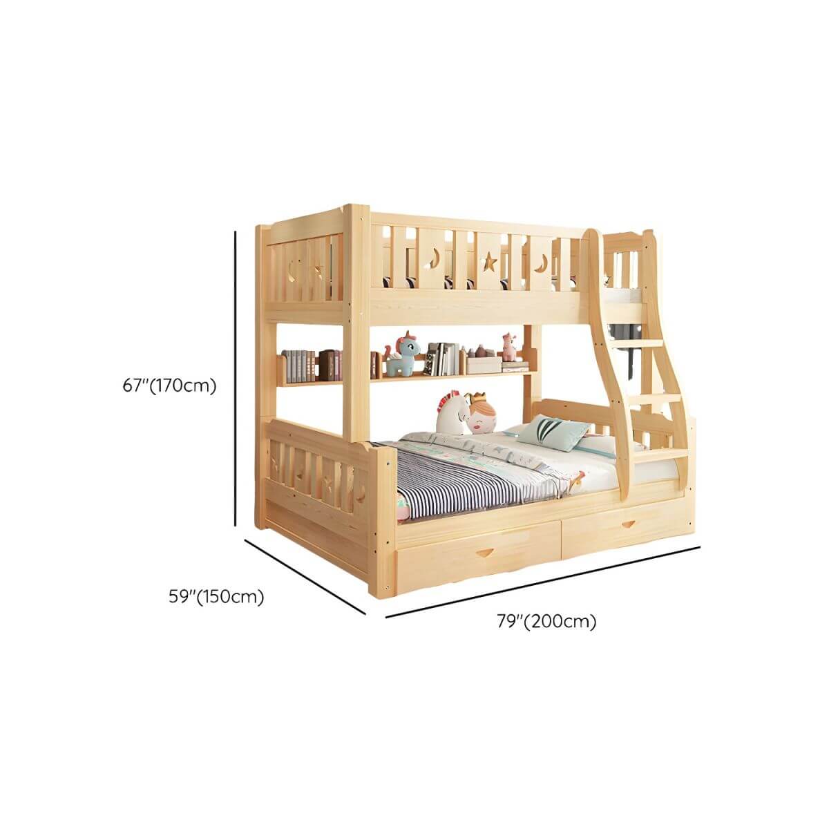 Modern Pine Wood Bunk Bed Set with Mattress, Natural Finish Dimensions