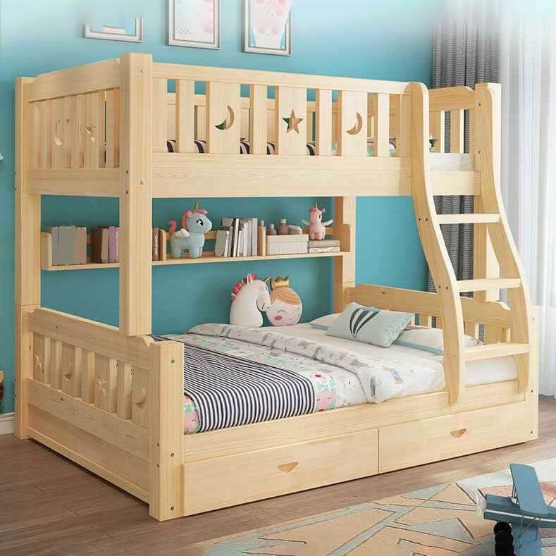 Modern Pine Wood Bunk Bed Set with Mattress, Natural Finish Main Product Image