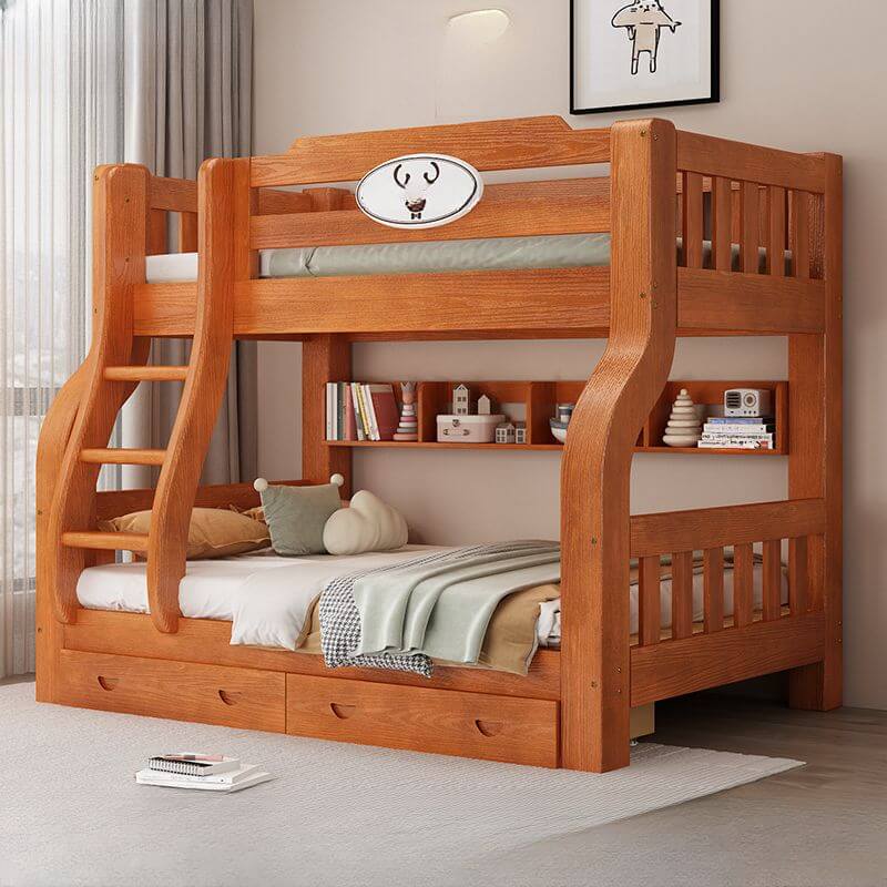 Modern Pine Wood Bunk Bed With Ladder And Storage