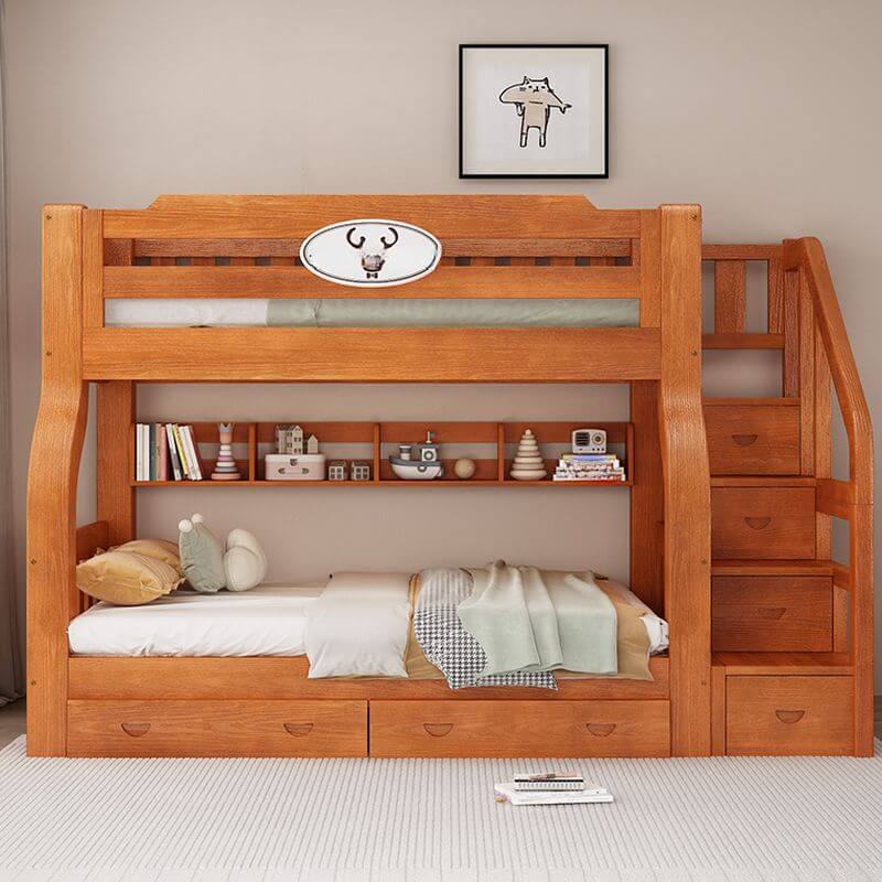 Modern Pine Wood Bunk Bed With Ladder And Storage