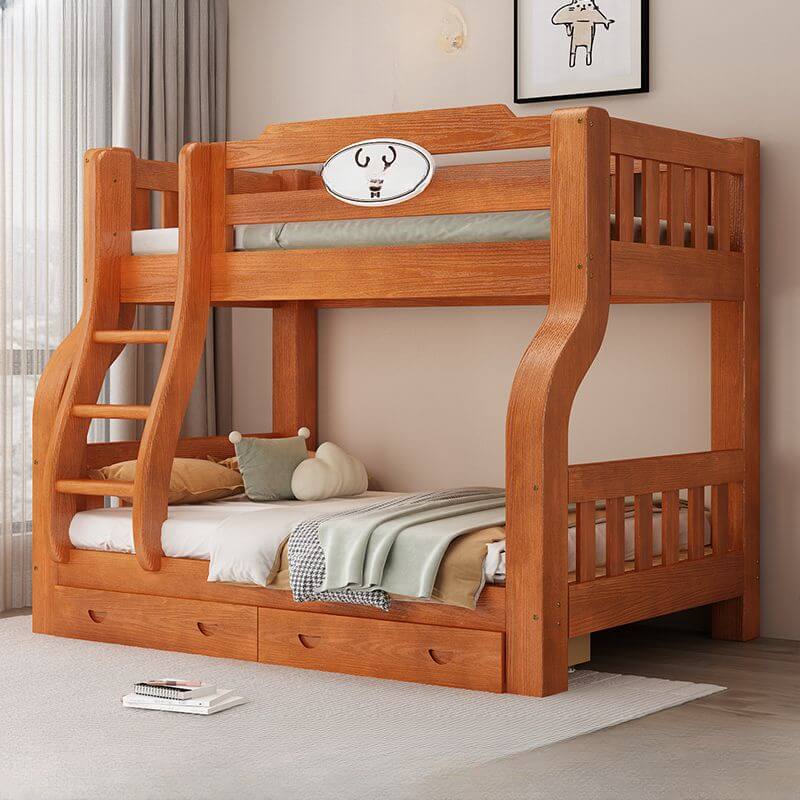 Modern Pine Wood Bunk Bed With Ladder And Storage