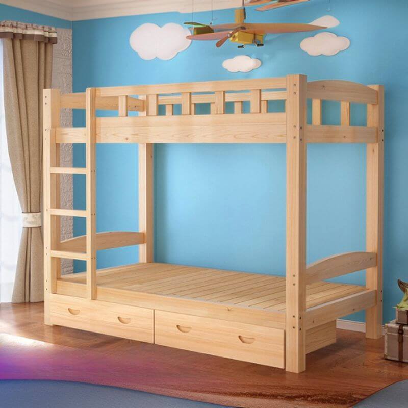 Modern Pine Wood Bunk Bed with Ladder & Guardrails