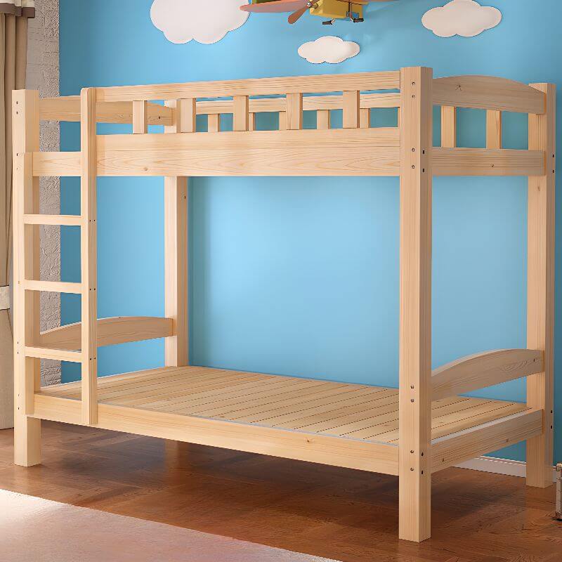 Modern Pine Wood Bunk Bed with Ladder & Guardrails
