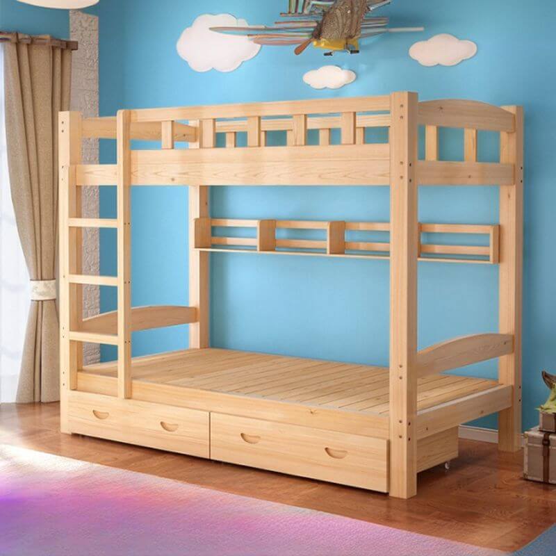 Modern Pine Wood Bunk Bed with Ladder & Guardrails